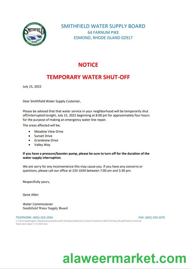 USA Rhode Island Smithfield water supply board water shut off notice, Word and PDF template